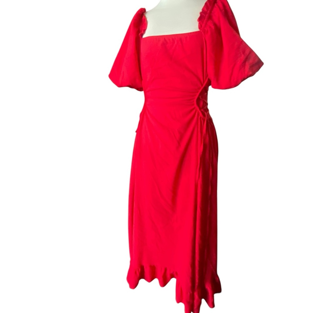 Red Puff Sleeve Dress sz small/med corseted hips fairycore mid evil whimsygoth